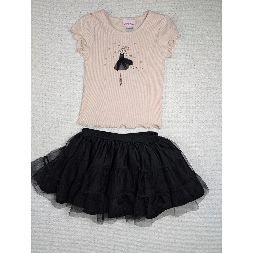 Little Lass Girls Pink Ballerina Ribbed Top and Black Tulle Tutu‎ Skirt Set 4